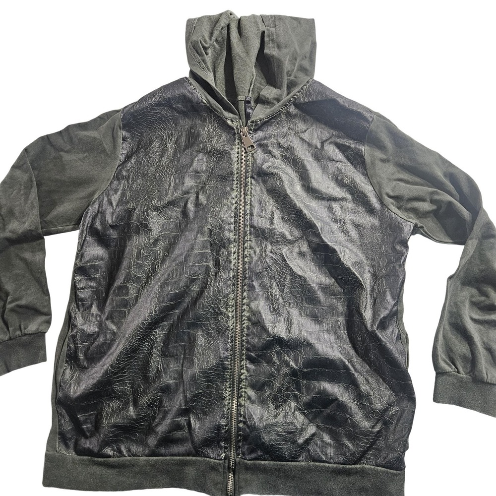 Venti6 Jacket Womens Medium Faux Leather Hooded Zip Green Animal Print Italy